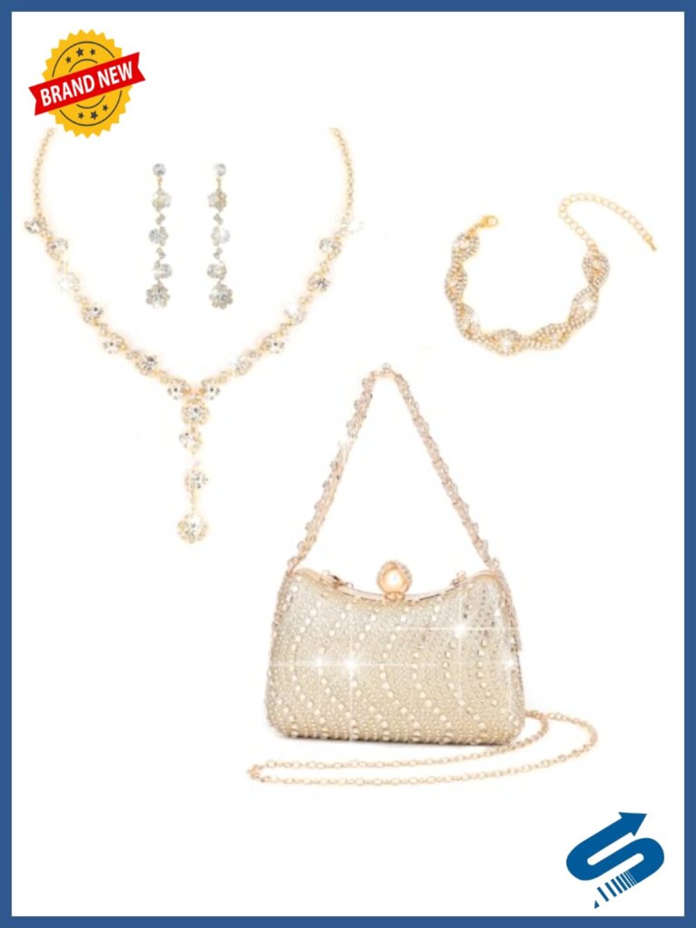 4Pc Handcrafted Crystal Evening Bag Set Gold Plated Necklace Earrings Bracelet